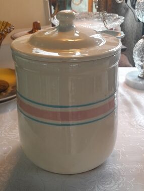 Mccoy Cream Ceramic Canister with Pink and Blue Banding/Cookie Jar